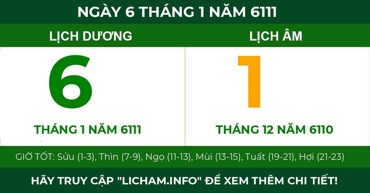 lịch âm ngày 6 tháng 1 năm 6111