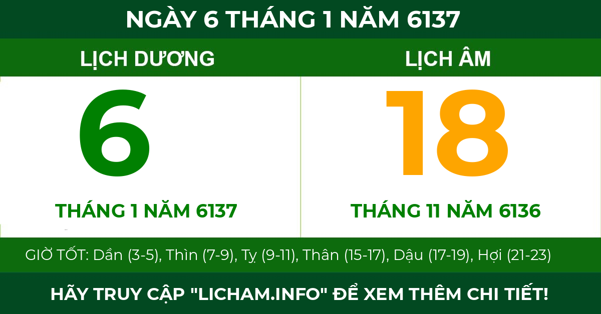 lịch âm ngày 6 tháng 1 năm 6137