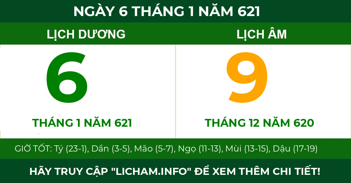 lịch âm ngày 6 tháng 1 năm 621