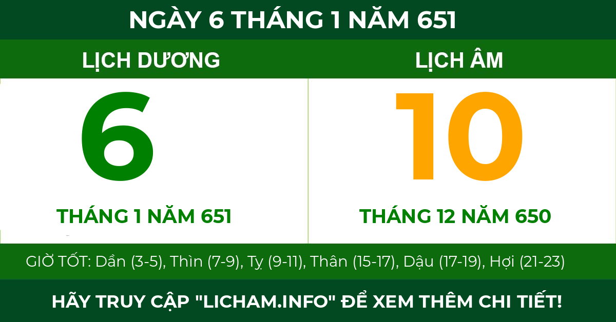 lịch âm ngày 6 tháng 1 năm 651