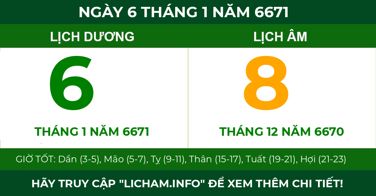 lịch âm ngày 6 tháng 1 năm 6671