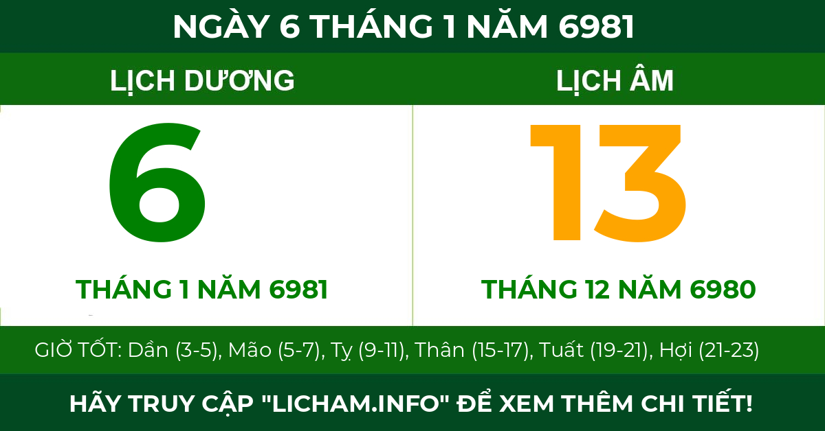 lịch âm ngày 6 tháng 1 năm 6981