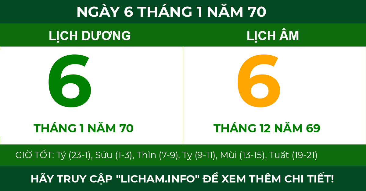 lịch âm ngày 6 tháng 1 năm 70