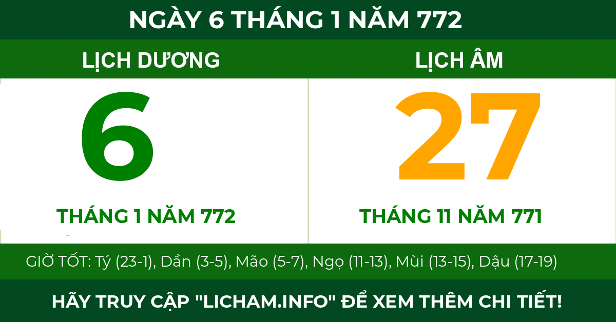 lịch âm ngày 6 tháng 1 năm 772