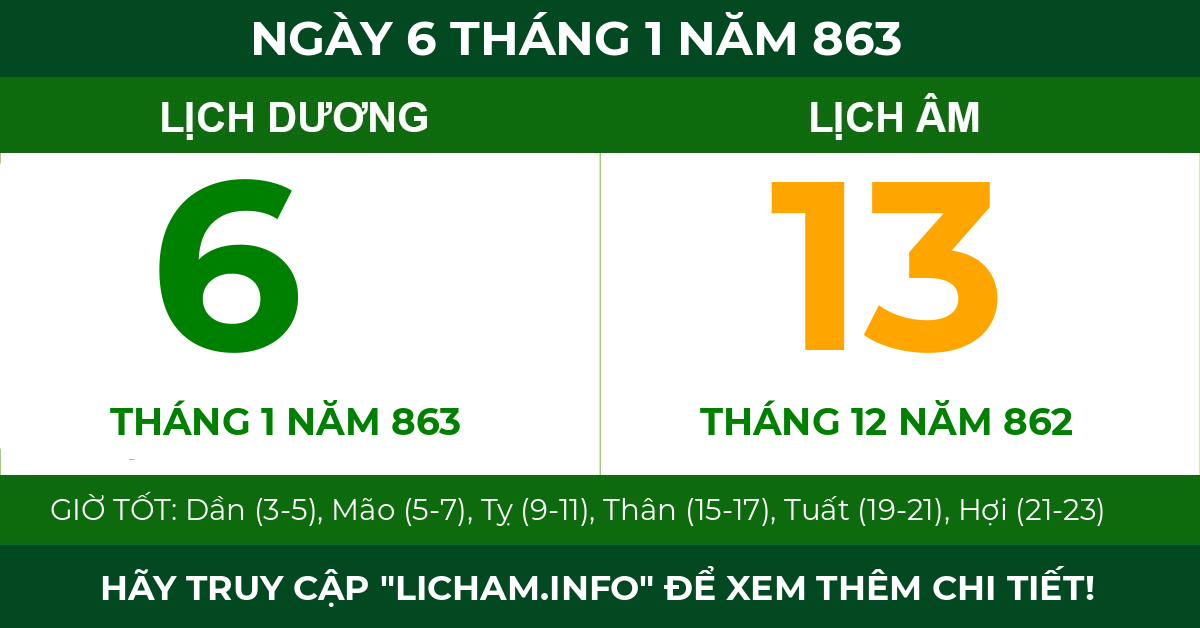 lịch âm ngày 6 tháng 1 năm 863