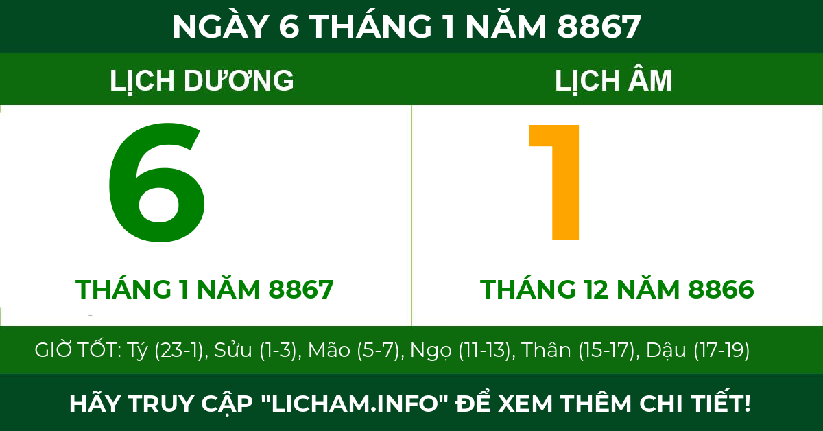 lịch âm ngày 6 tháng 1 năm 8867