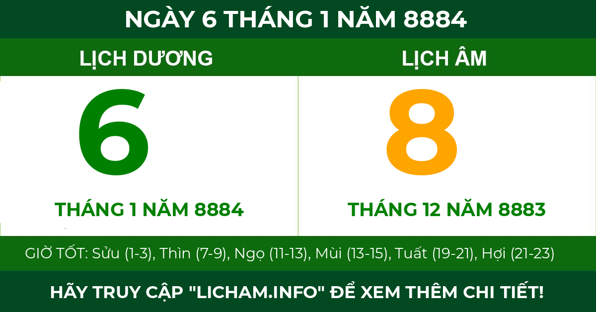 lịch âm ngày 6 tháng 1 năm 8884