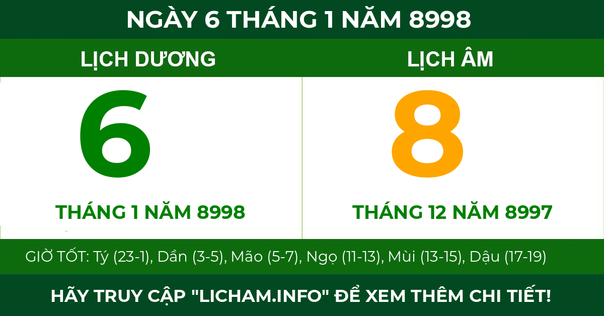 lịch âm ngày 6 tháng 1 năm 8998