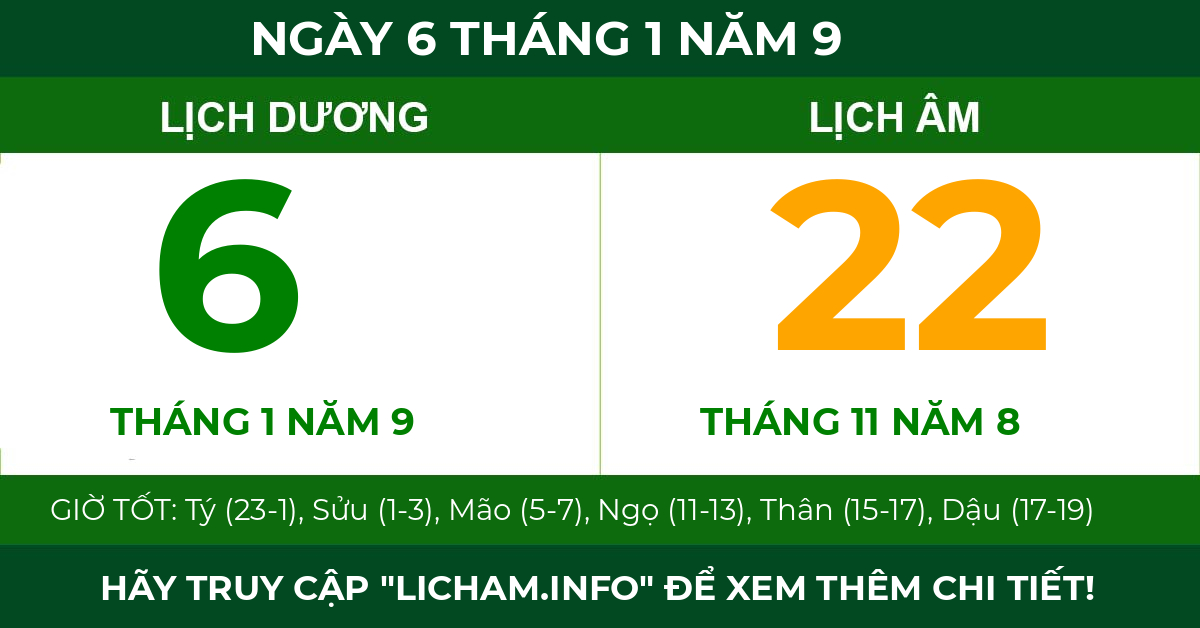 lịch âm ngày 6 tháng 1 năm 9