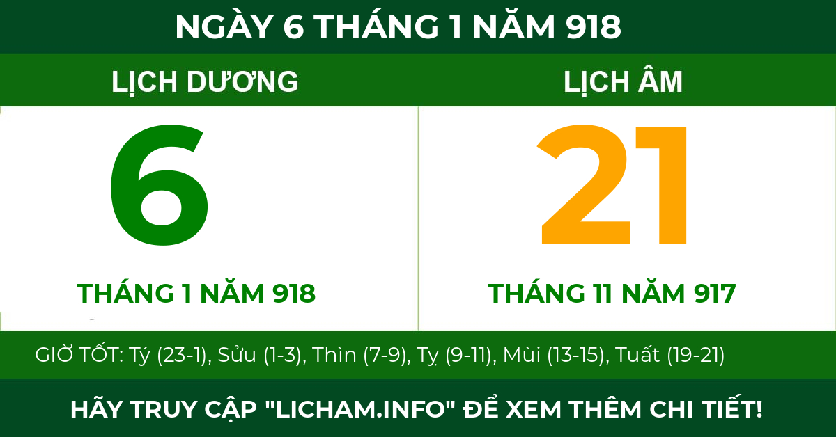 lịch âm ngày 6 tháng 1 năm 918