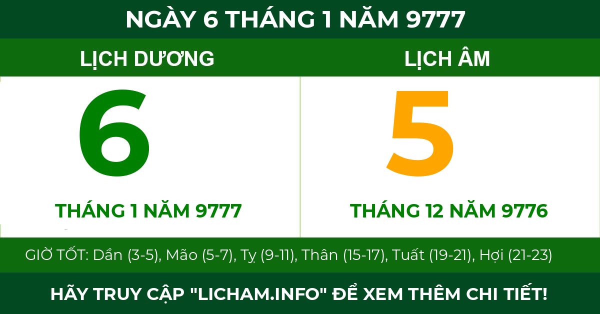 lịch âm ngày 6 tháng 1 năm 9777