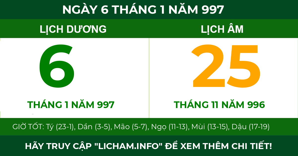 lịch âm ngày 6 tháng 1 năm 997
