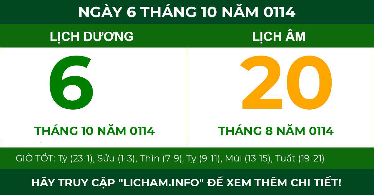lịch âm ngày 6 tháng 10 năm 0114