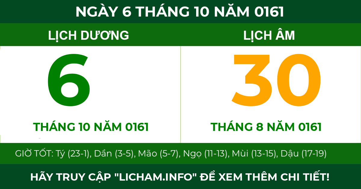 lịch âm ngày 6 tháng 10 năm 0161