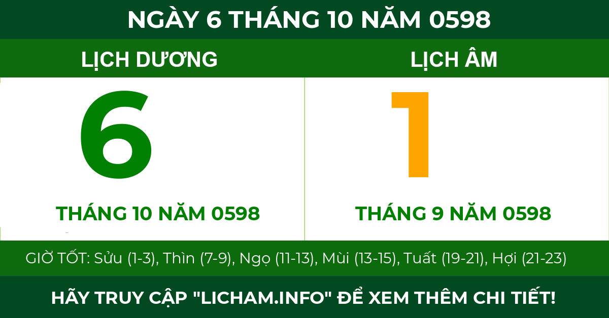 lịch âm ngày 6 tháng 10 năm 0598