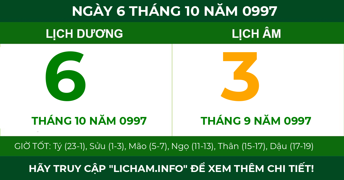 lịch âm ngày 6 tháng 10 năm 0997