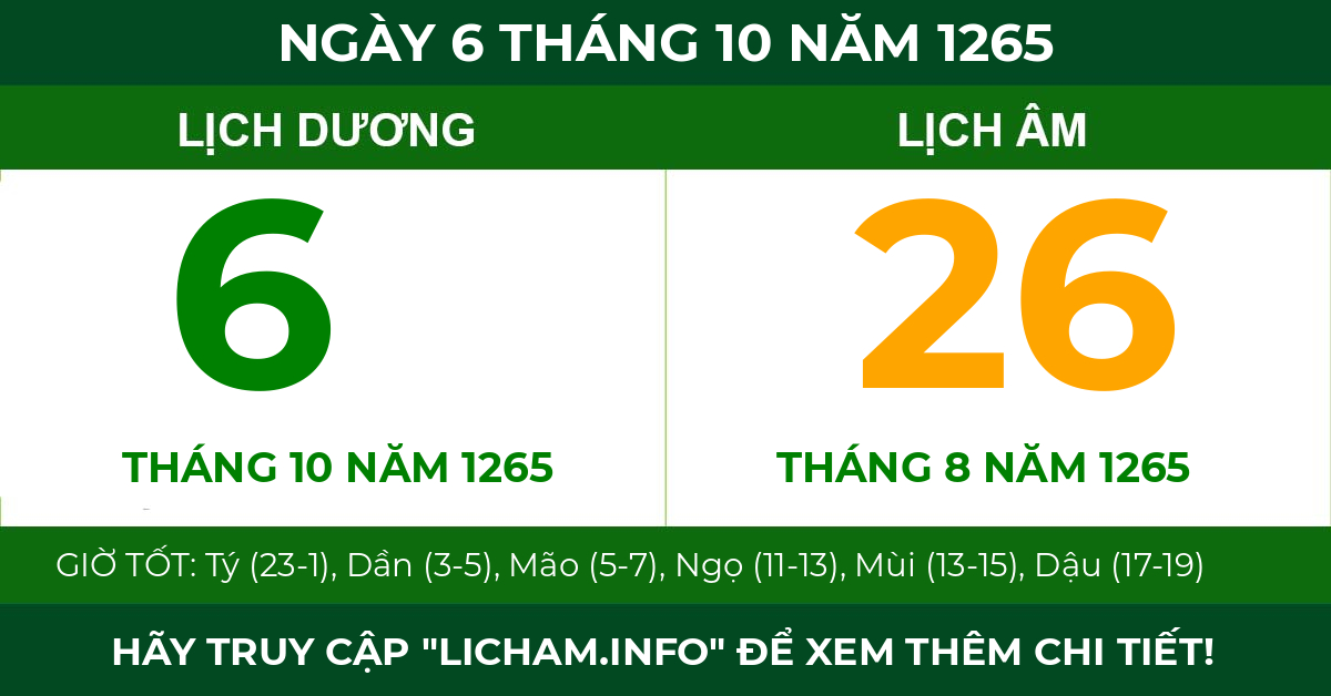 lịch âm ngày 6 tháng 10 năm 1265