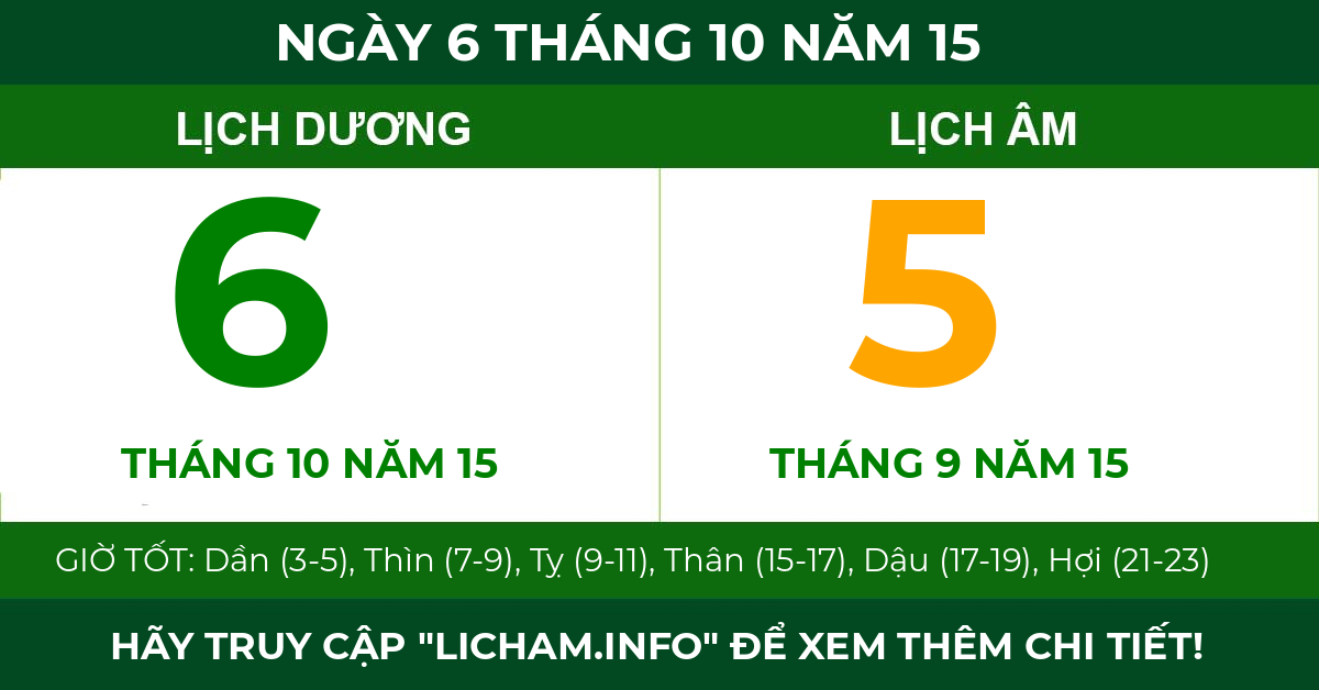 lịch âm ngày 6 tháng 10 năm 15