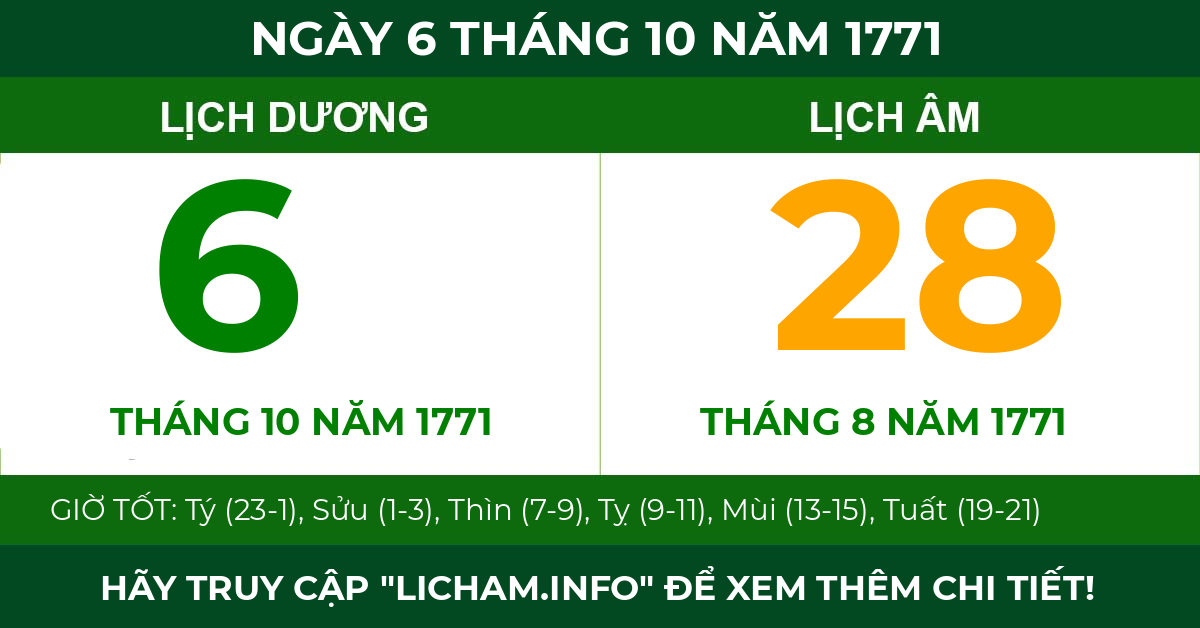 lịch âm ngày 6 tháng 10 năm 1771