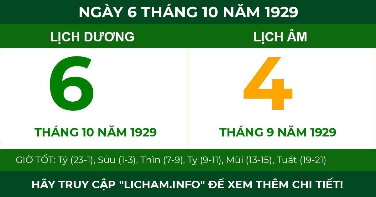 lịch âm ngày 6 tháng 10 năm 1929