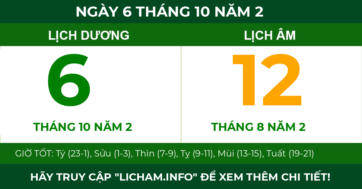 lịch âm ngày 6 tháng 10 năm 2