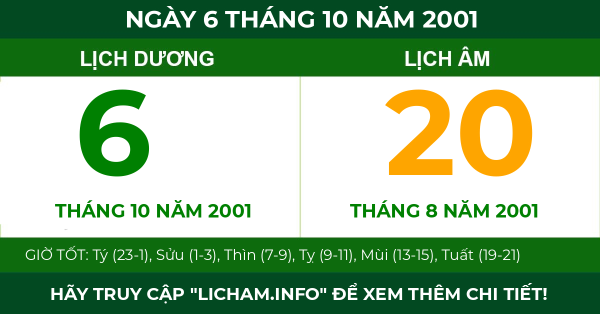 lịch âm ngày 6 tháng 10 năm 2001