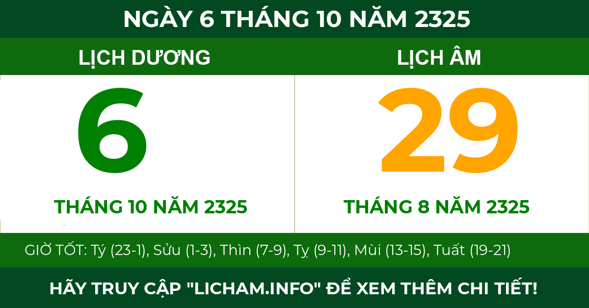 lịch âm ngày 6 tháng 10 năm 2325