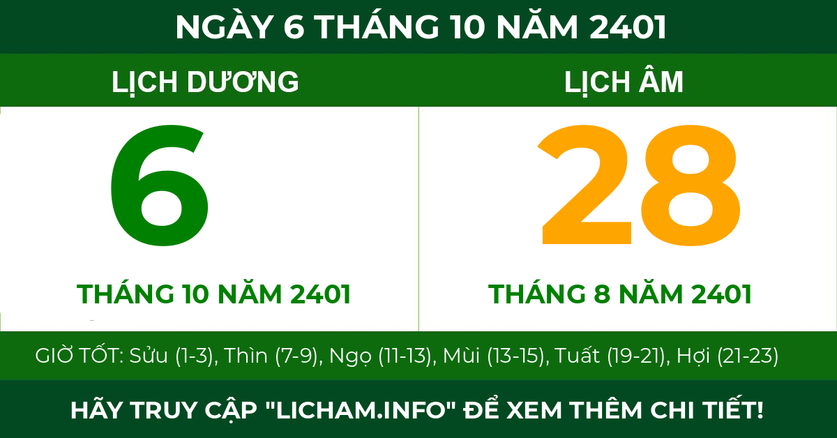 lịch âm ngày 6 tháng 10 năm 2401