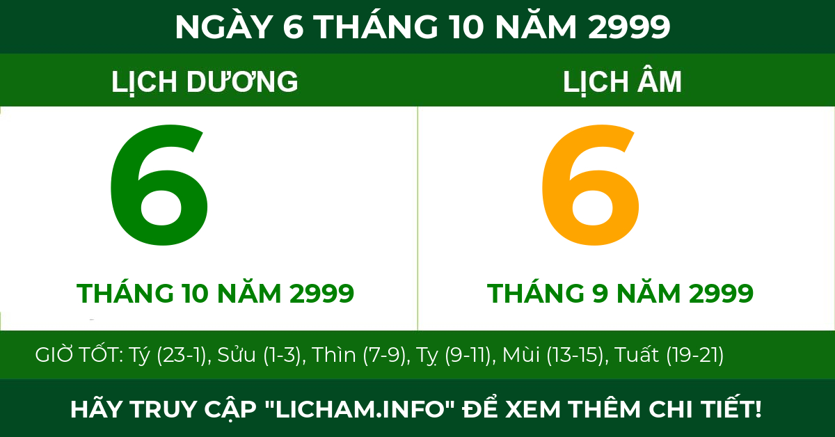 lịch âm ngày 6 tháng 10 năm 2999