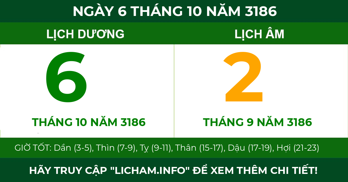 lịch âm ngày 6 tháng 10 năm 3186