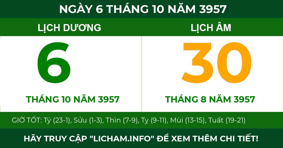 lịch âm ngày 6 tháng 10 năm 3957