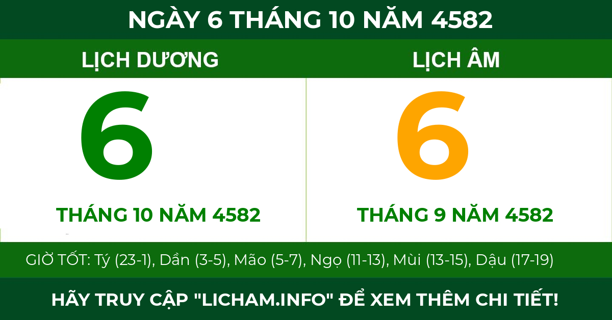 lịch âm ngày 6 tháng 10 năm 4582