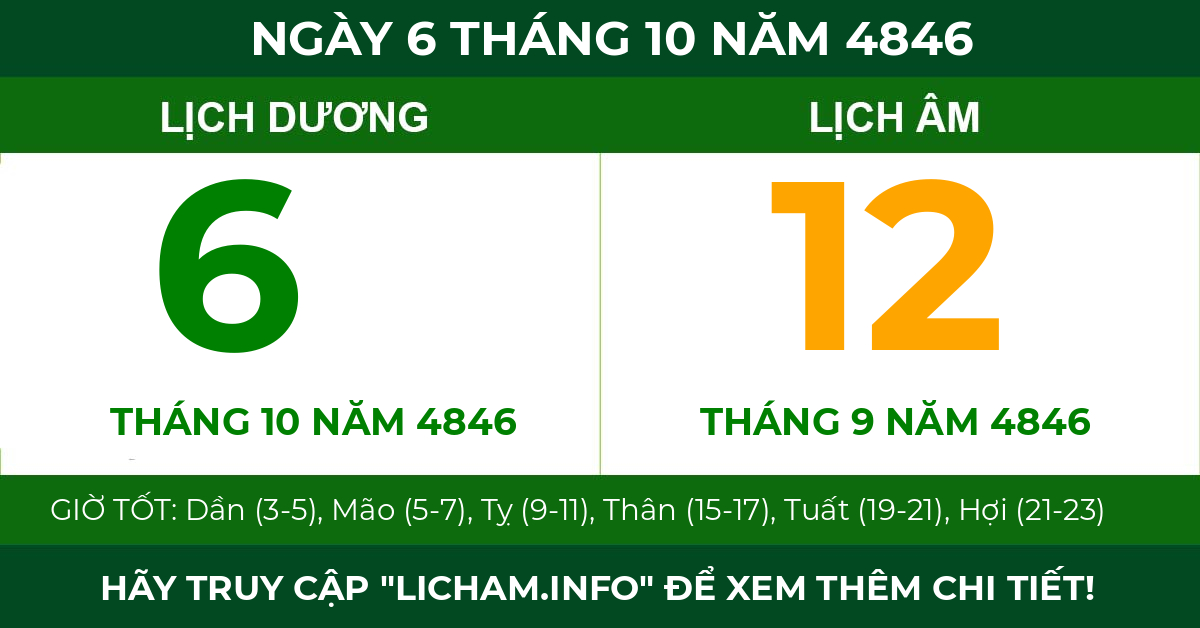 lịch âm ngày 6 tháng 10 năm 4846