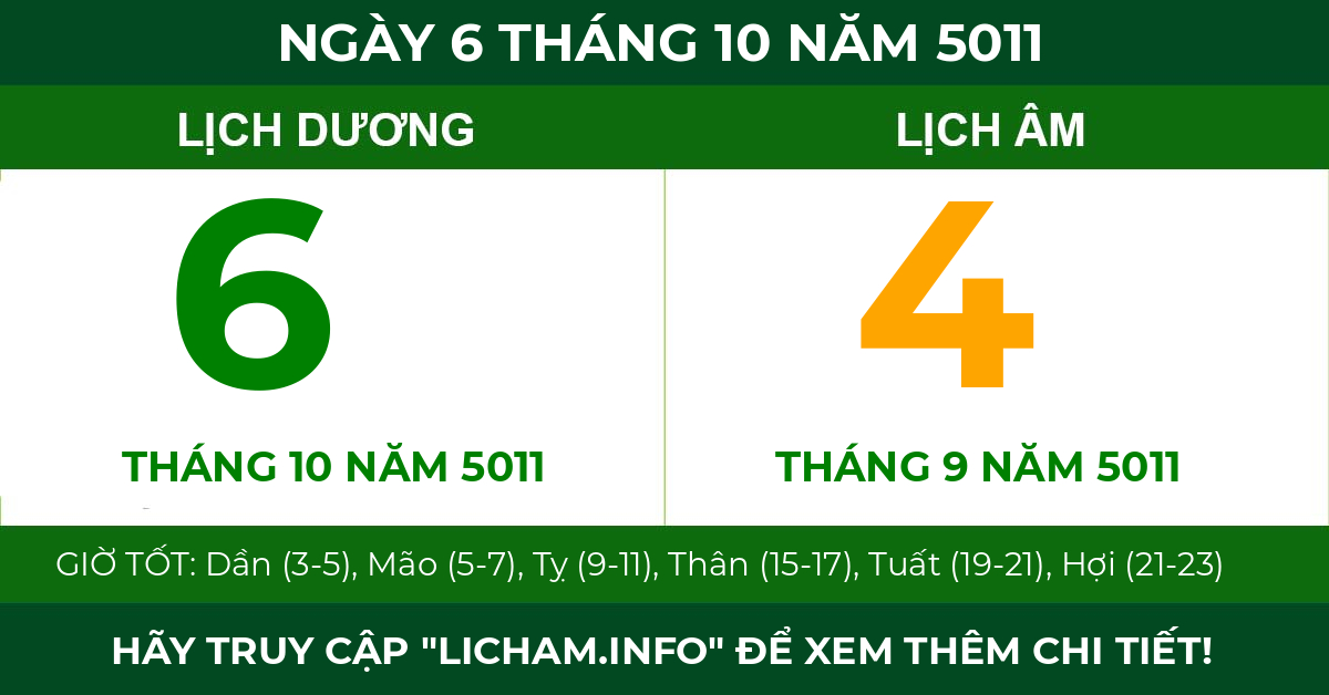 lịch âm ngày 6 tháng 10 năm 5011