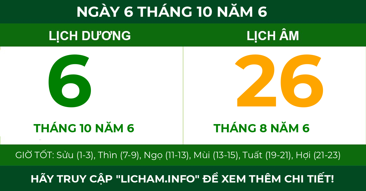lịch âm ngày 6 tháng 10 năm 6