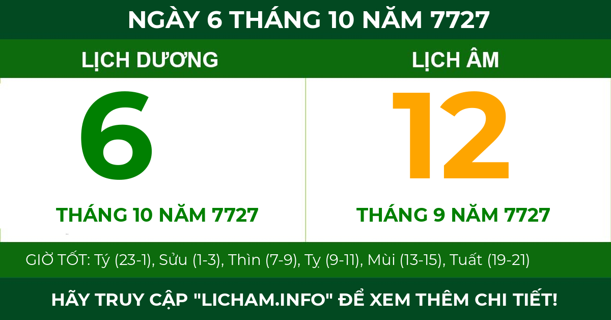 lịch âm ngày 6 tháng 10 năm 7727