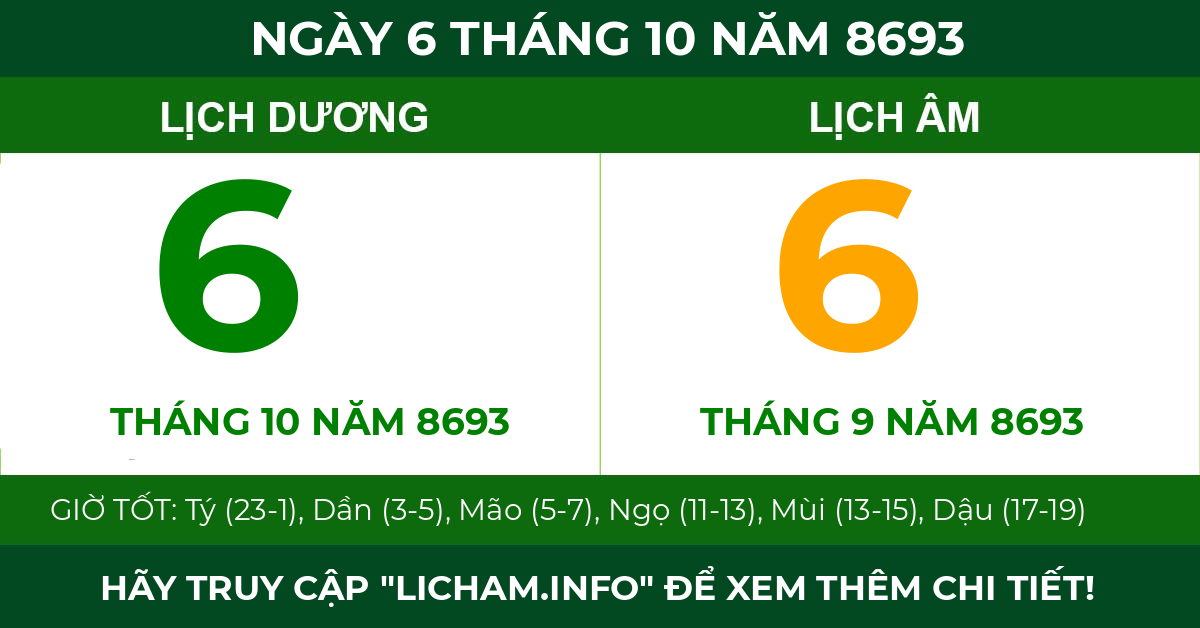 lịch âm ngày 6 tháng 10 năm 8693