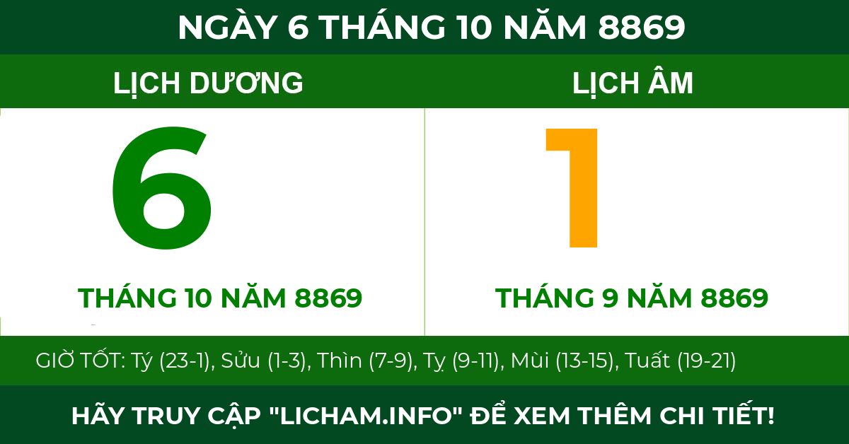 lịch âm ngày 6 tháng 10 năm 8869