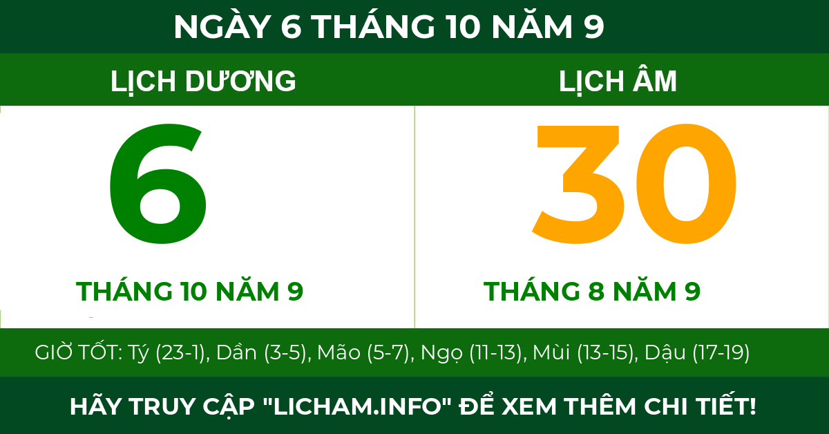 lịch âm ngày 6 tháng 10 năm 9