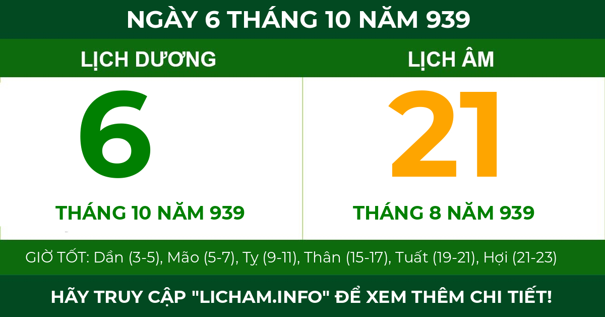 lịch âm ngày 6 tháng 10 năm 939