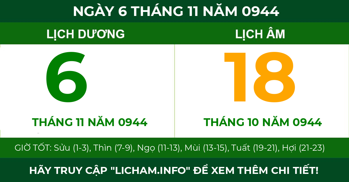 lịch âm ngày 6 tháng 11 năm 0944