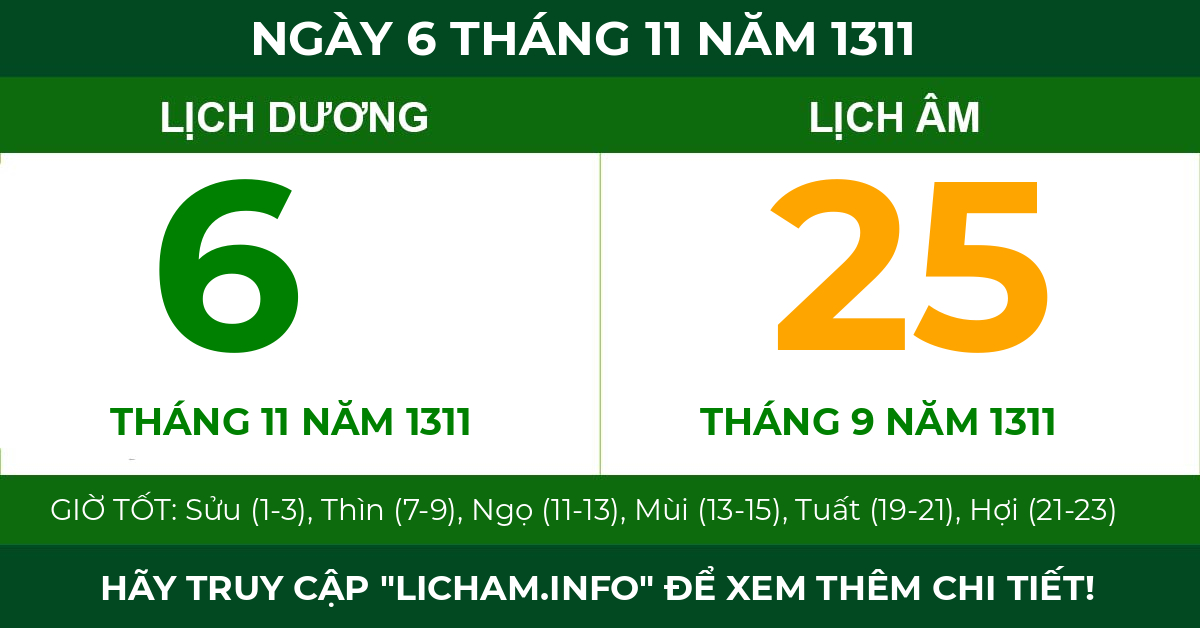 lịch âm ngày 6 tháng 11 năm 1311