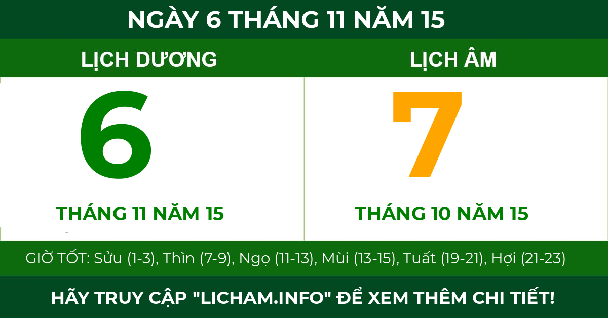 lịch âm ngày 6 tháng 11 năm 15