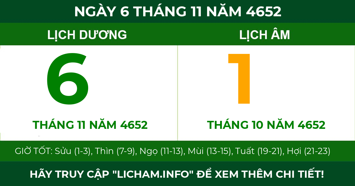 lịch âm ngày 6 tháng 11 năm 4652