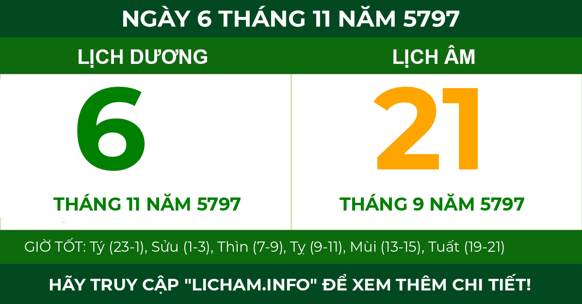 lịch âm ngày 6 tháng 11 năm 5797