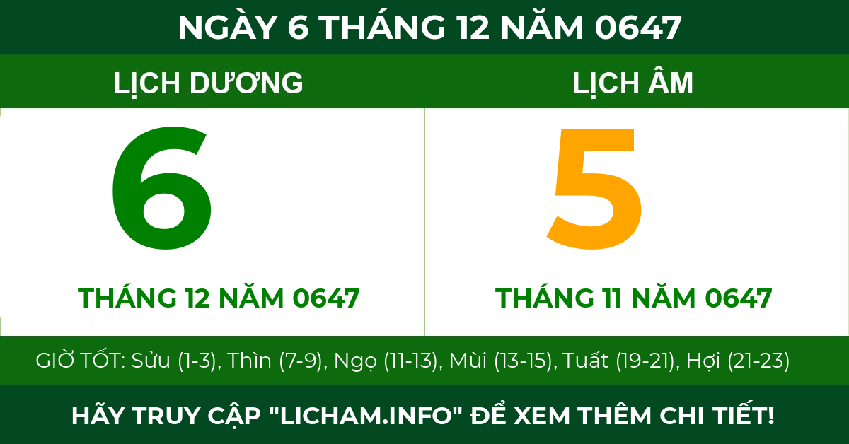 lịch âm ngày 6 tháng 12 năm 0647