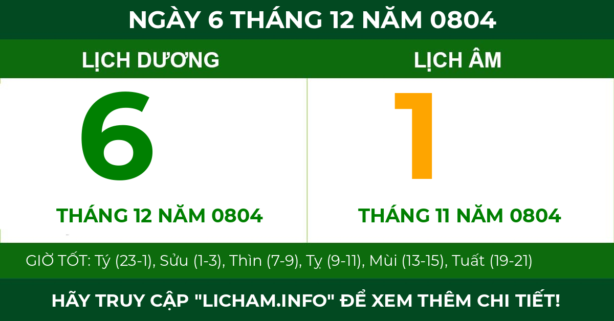 lịch âm ngày 6 tháng 12 năm 0804