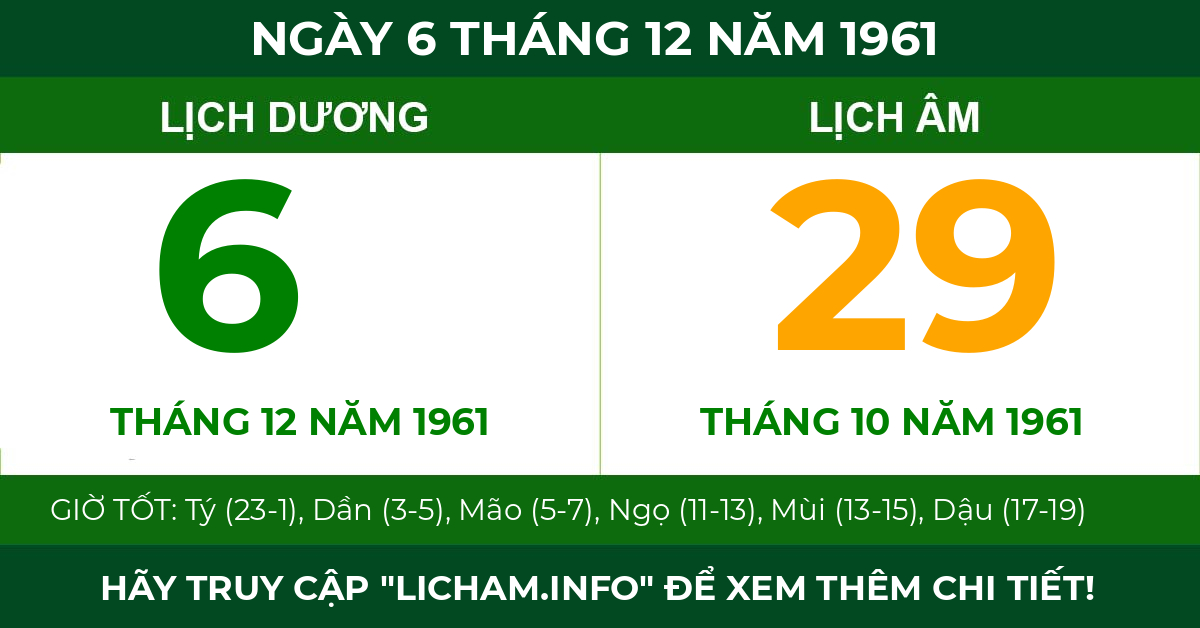 lịch âm ngày 6 tháng 12 năm 1961