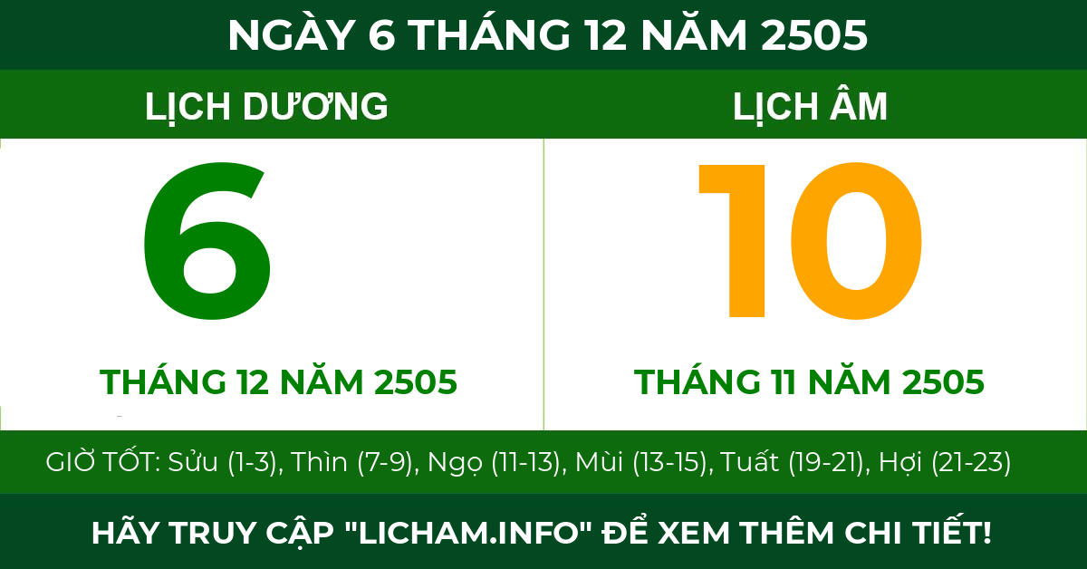 lịch âm ngày 6 tháng 12 năm 2505