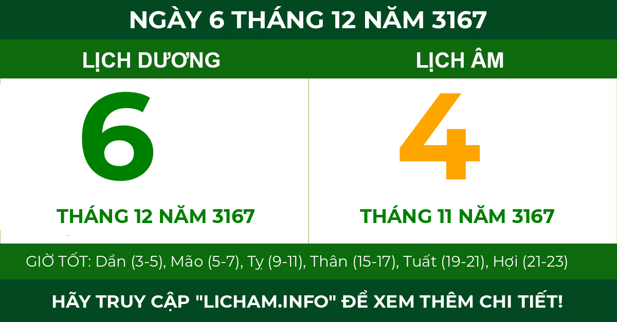 lịch âm ngày 6 tháng 12 năm 3167